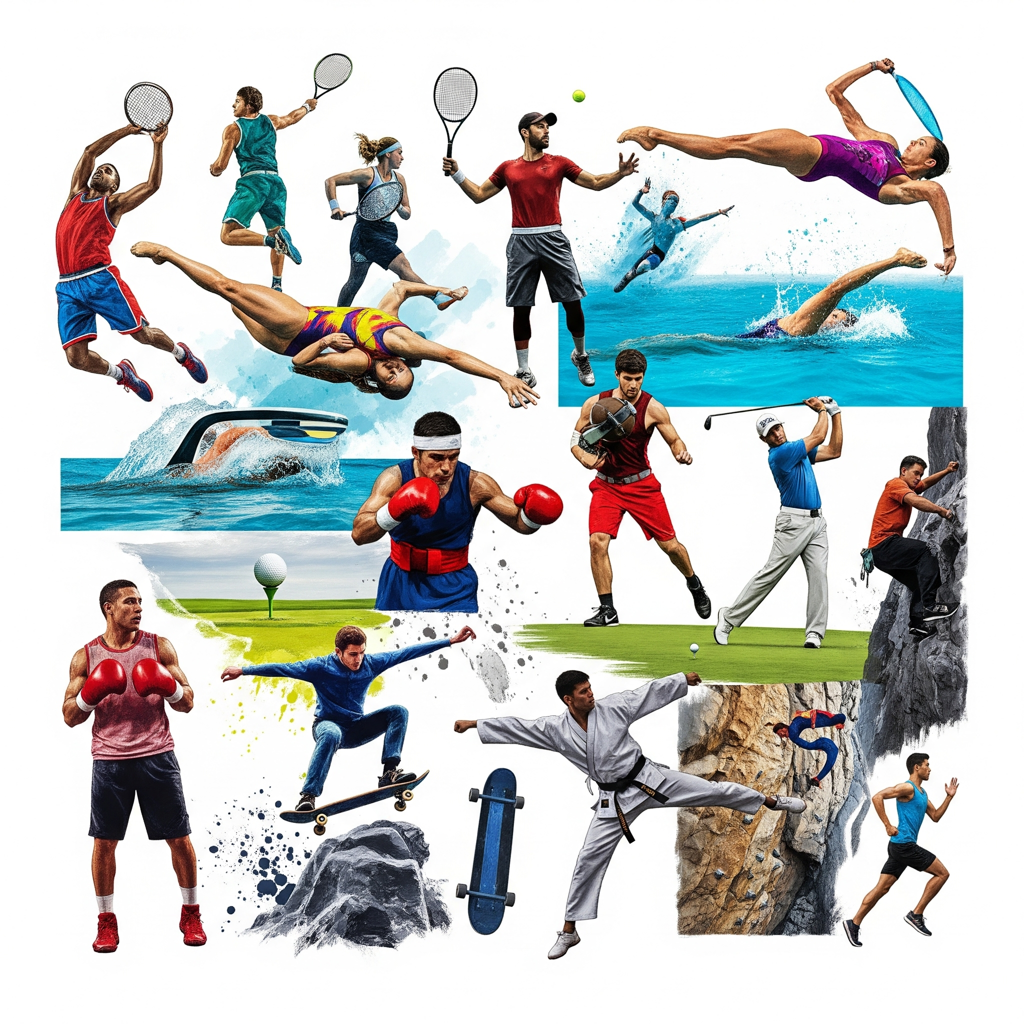 Kolaż przedstawiający różne dyscypliny sportowe z sylwetkami sportowców